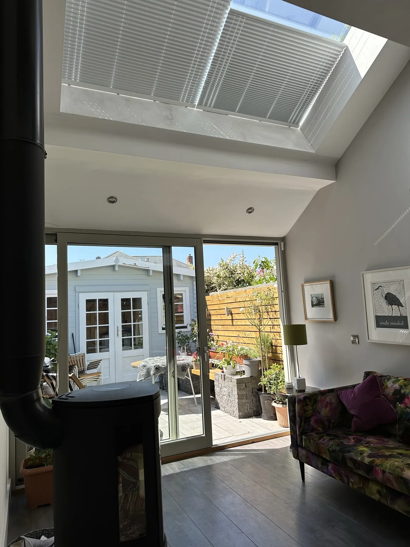 Pleated skylight blinds fitted across a glazed conservatory roof