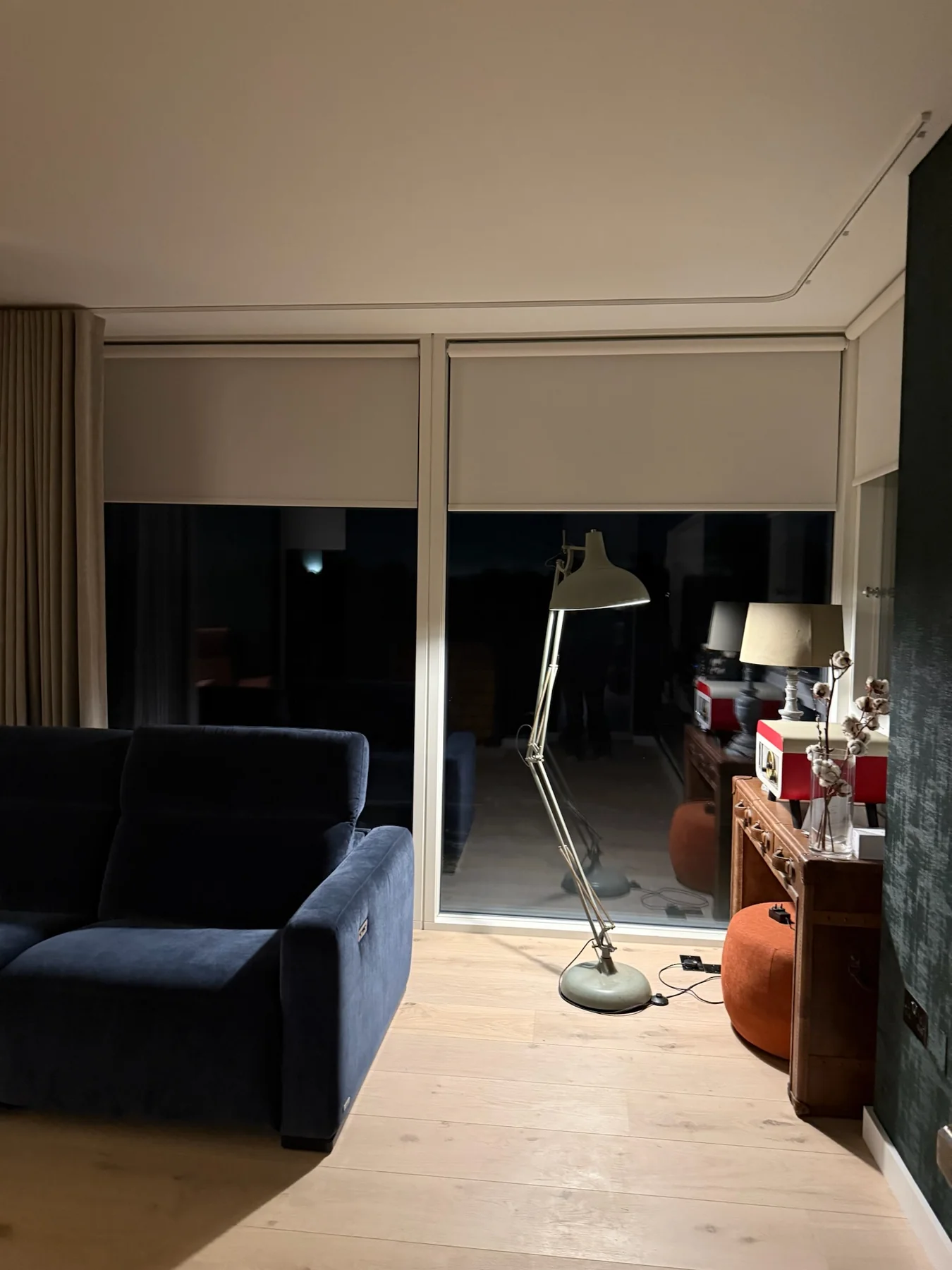 Made-to-measure white electric roller blinds fitted to glazed doors in Maynooth, County Kildare