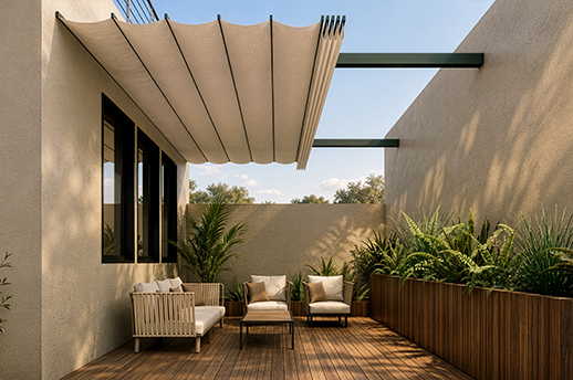 Compact retractable fabric pergola installed between two walls above a sheltered patio