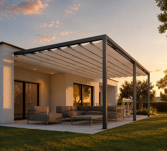 Manual pergola with retractable fabric canopy covering an outdoor seating area at sunset