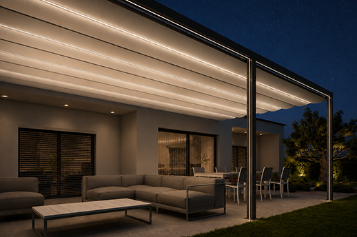 Retractable pergola roof with integrated warm LED lighting above an outdoor lounge