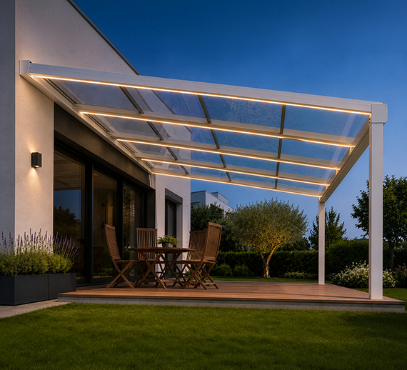 Glass roof pergola with integrated warm LED lighting at dusk