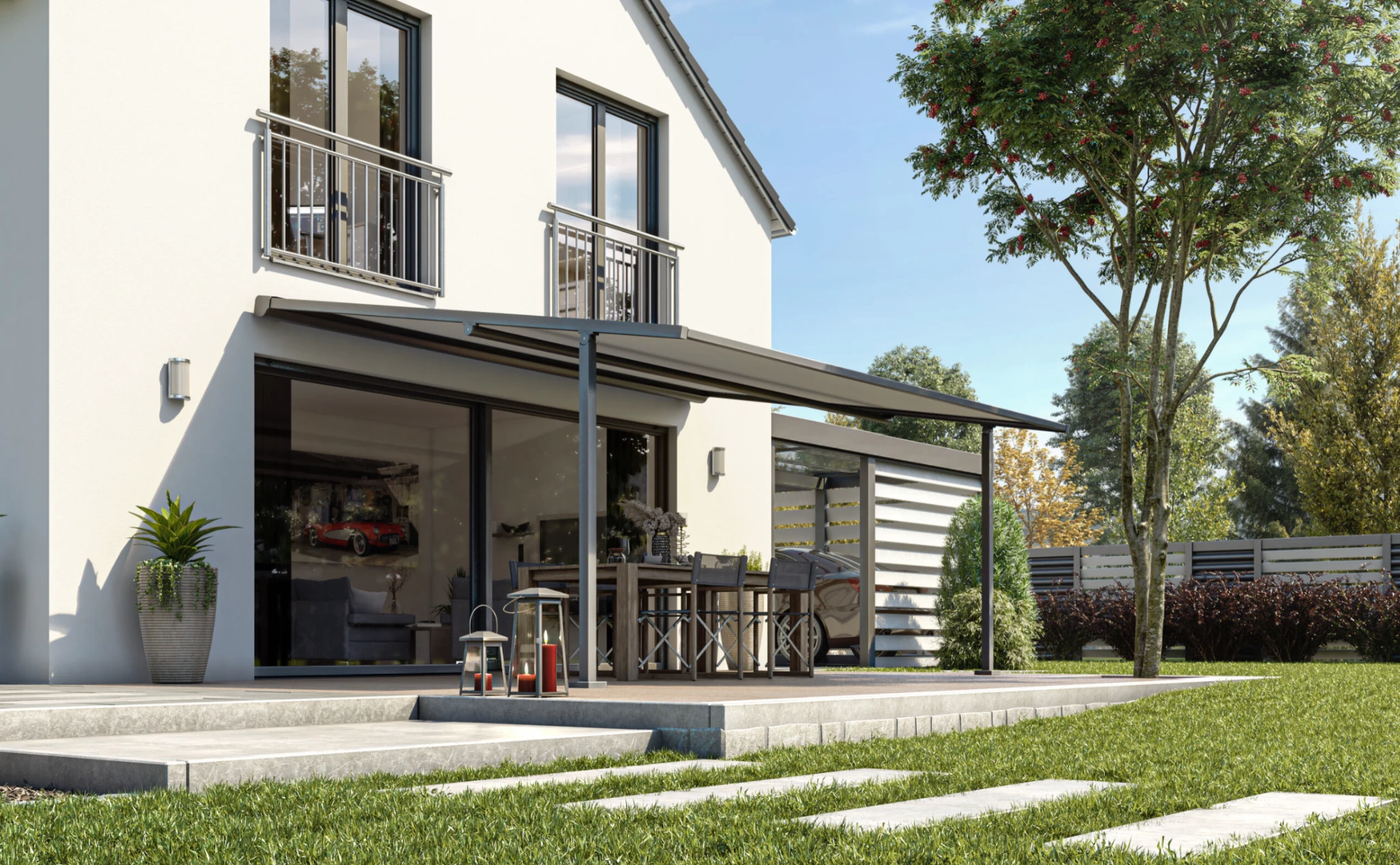 Design visualisation of a wall-mounted hybrid pergola with slim aluminium posts and retractable fabric roof