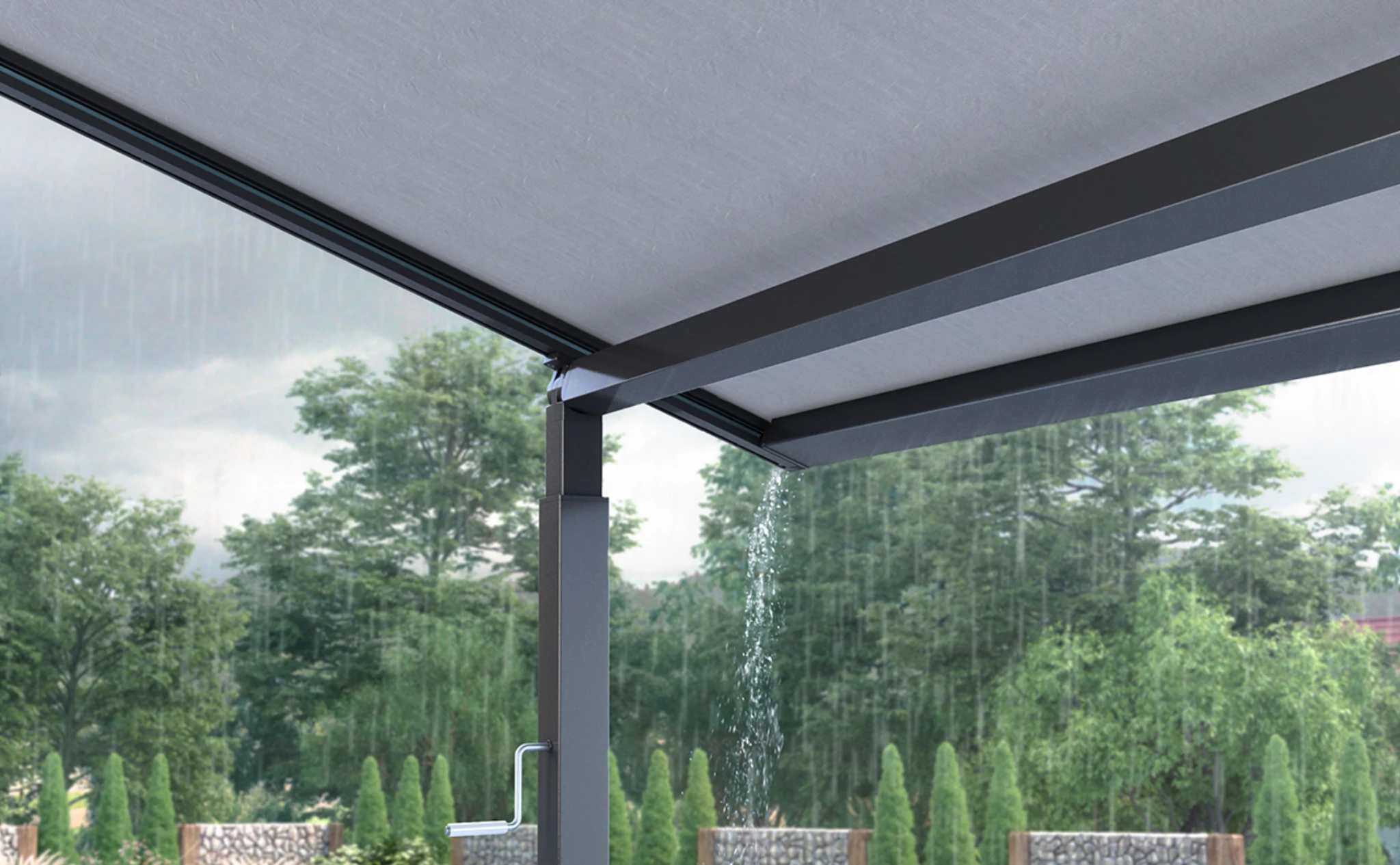 Hybrid pergola drainage design showing rainwater guided from the fabric roof into the aluminium frame and post