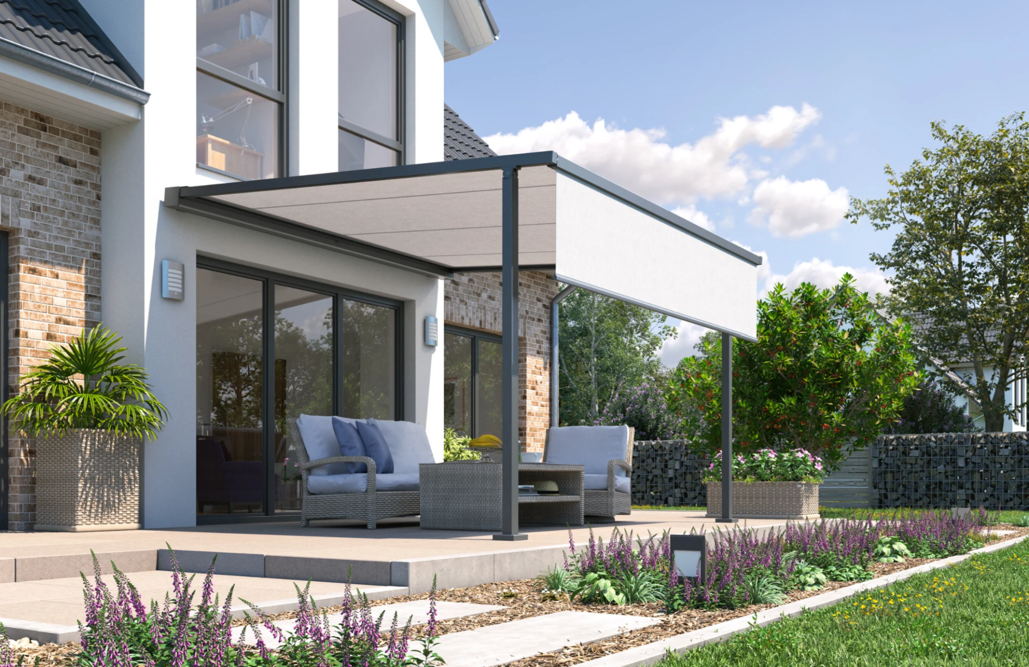 Hybrid pergola with optional front screen for low sun, extra shade and privacy on a garden terrace