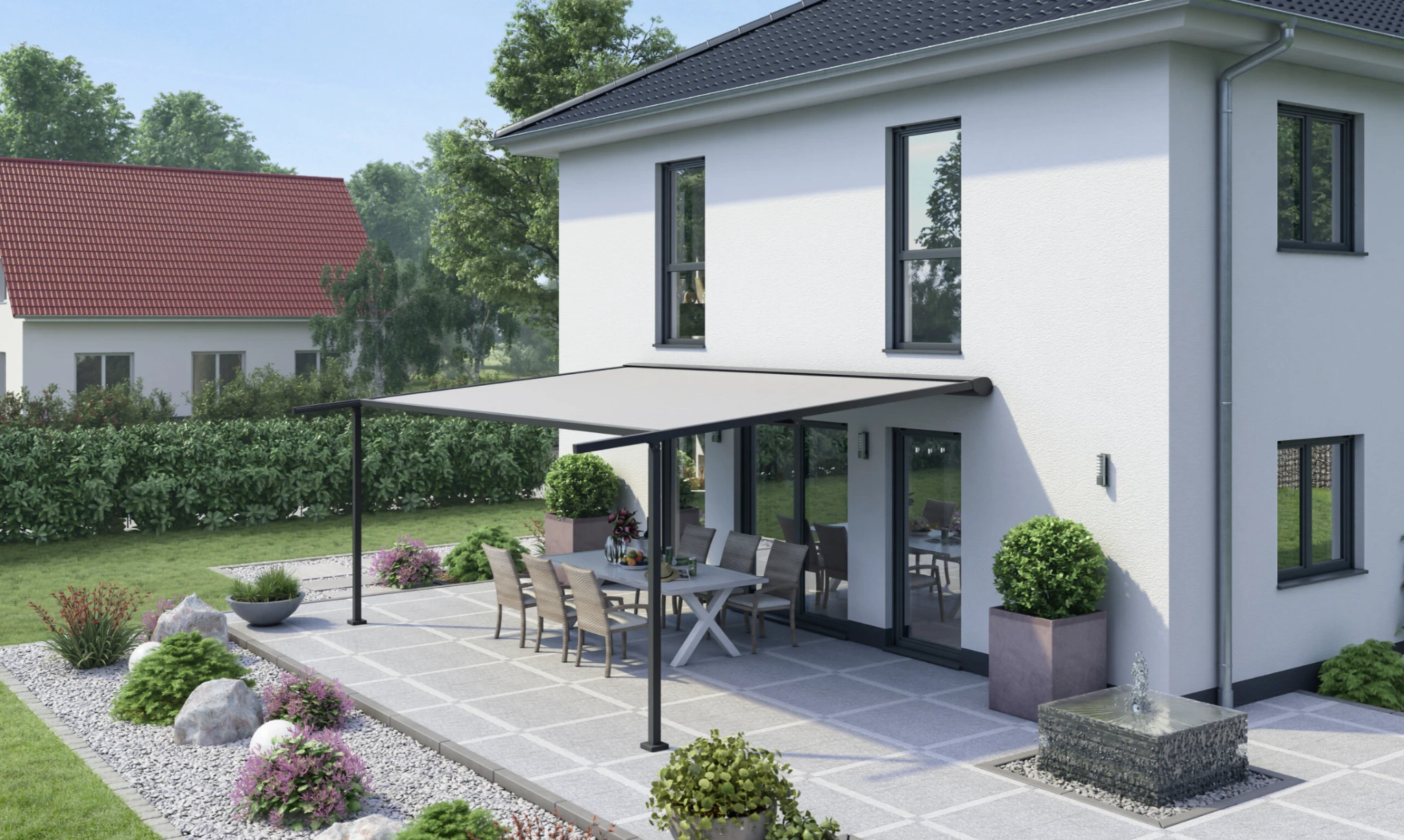 Garden design visualisation of a hybrid pergola awning covering an outdoor dining terrace