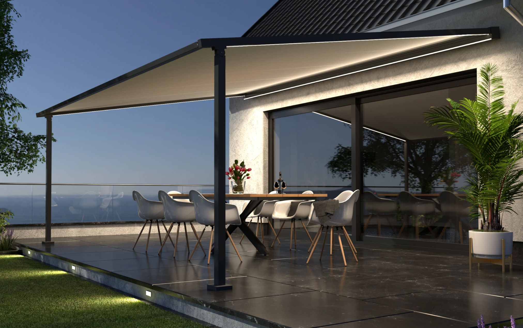 Warm integrated LED lighting within a hybrid pergola awning frame for evening patio use