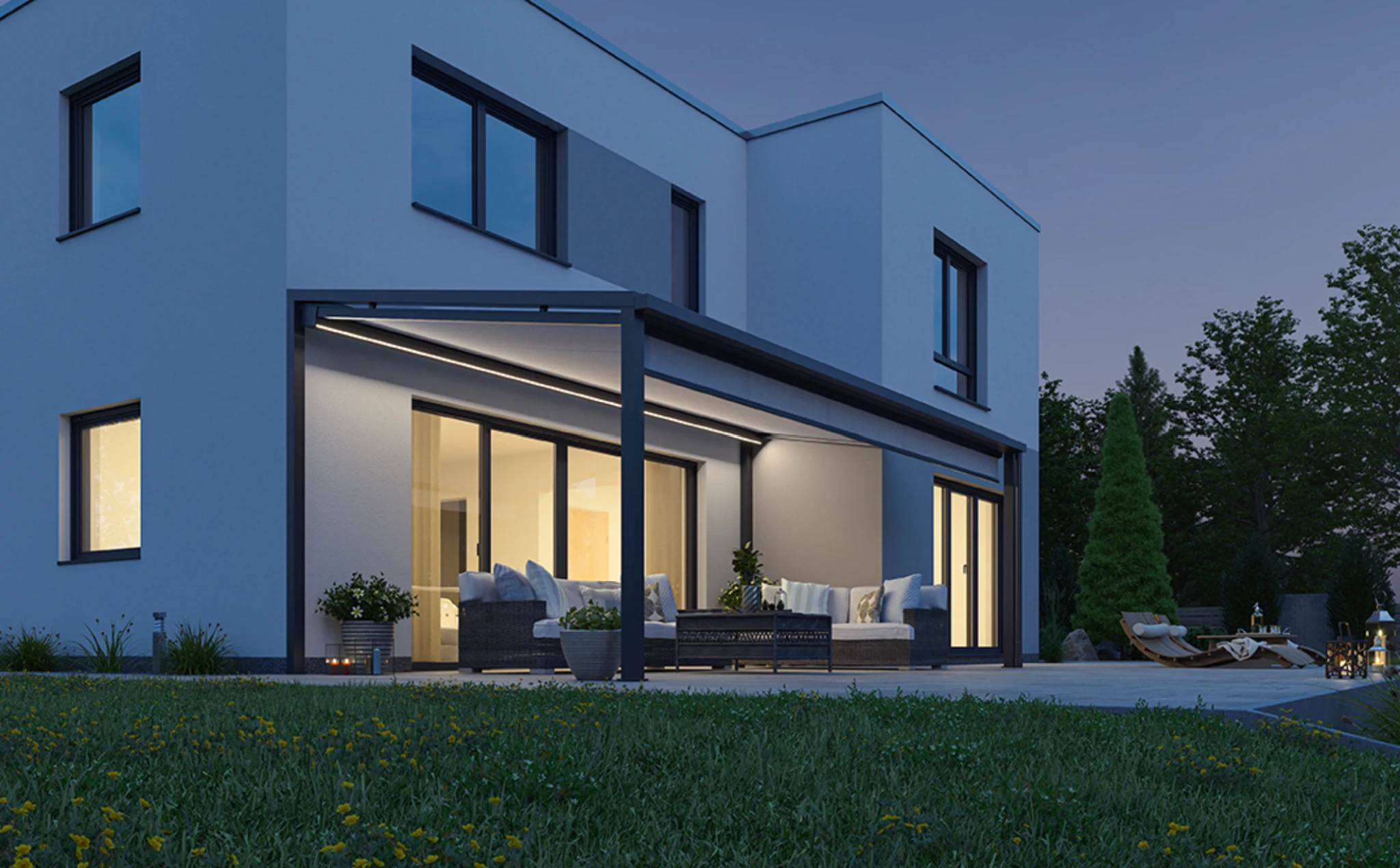 Evening design visualisation of a hybrid pergola with illuminated retractable fabric roof