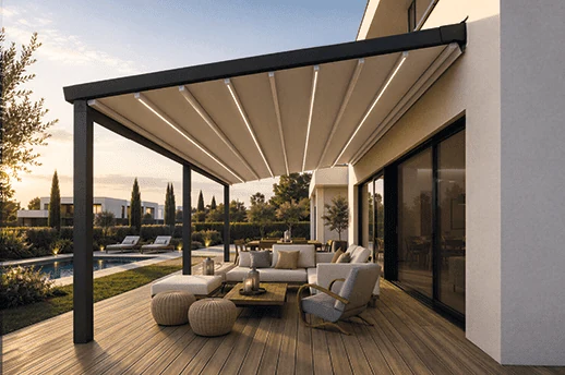 Tensioned fabric pergola with retractable roof for a Dublin garden terrace