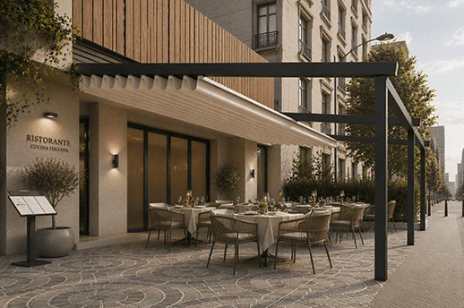 Visualisation of a fabric pergola covering restaurant tables along a building frontage