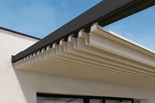 Close-up visualisation of the fabric roof gathered in folds along the overhead guides