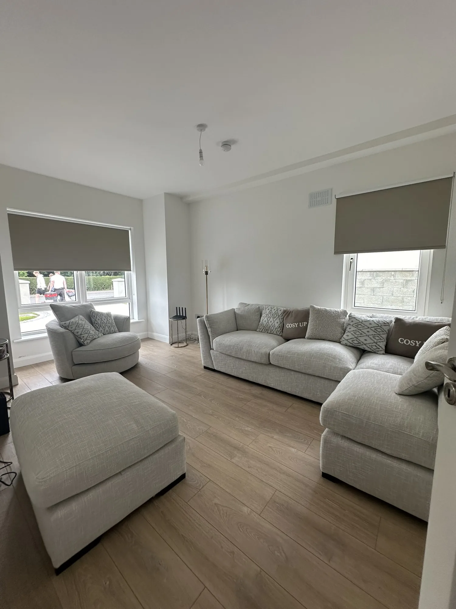 Neutral roller blinds installed in a bright Irish living room