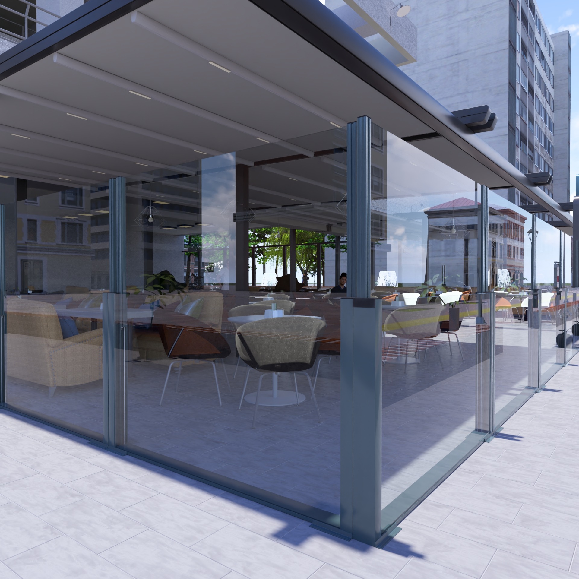 Fixed glass windbreak panel with dark aluminium posts