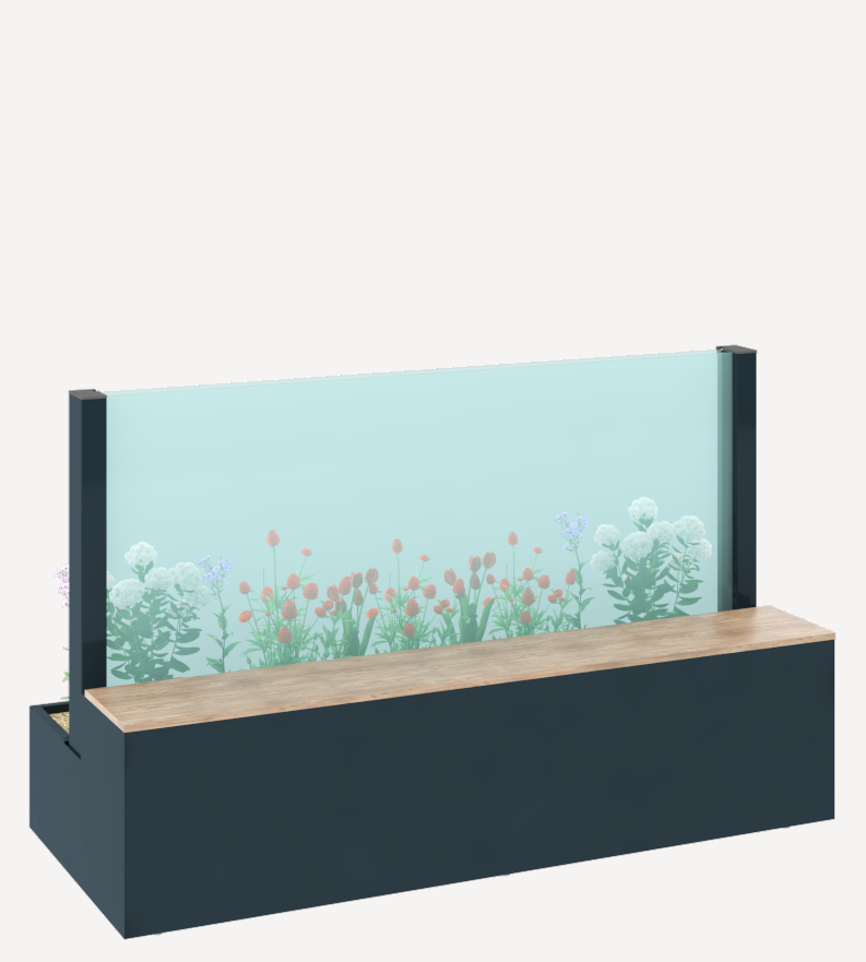 Adjustable glass windbreak integrated with planter base