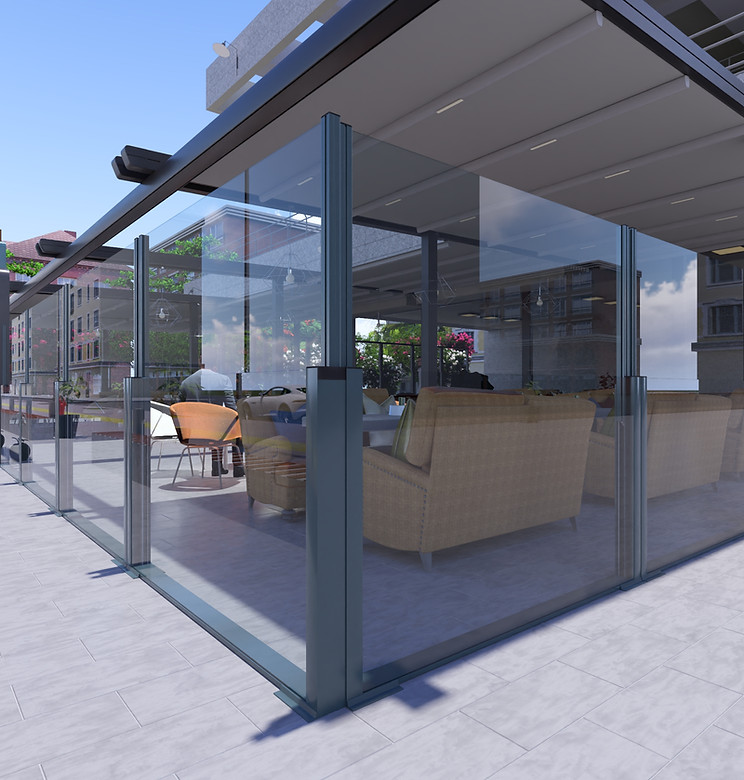 Glass windbreak around an outdoor dining area